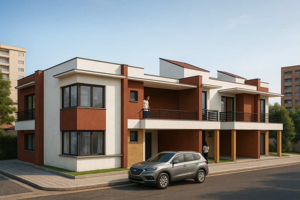 Imagem de sobrados interligados, de esquina